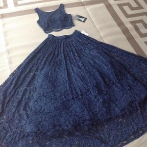 Dark Navy 2 Piece Lace Crop Top Full Skirt Gown